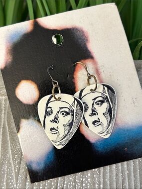Fender guitar pick earrings with nun’s face set NEW old stock handmade dangles